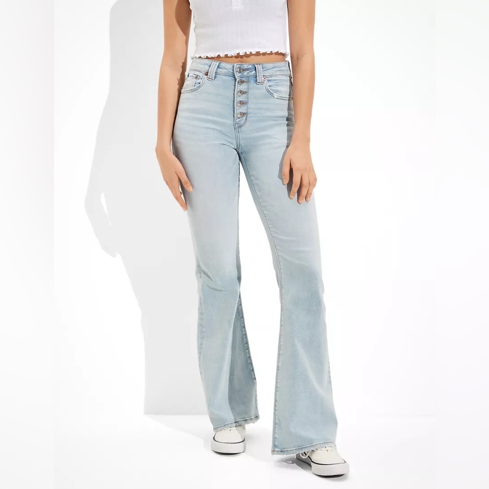 American Eagle Super Hi Rise Flare Jean in Blue Mist Next Level Stretch 18R NWT